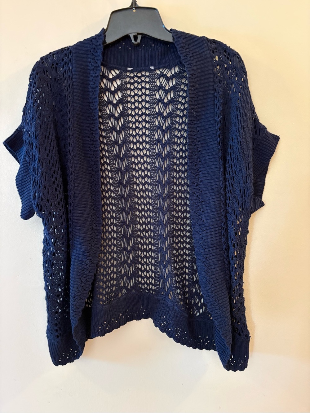 Navy Blue Open Knit, crochet like, Short Sleeve cardigan. No Tags. Approx Sz L.